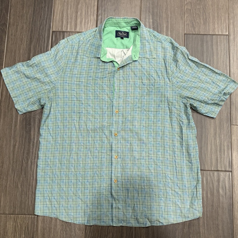 Nat Nast 100% Silk Plaid Green Button Front Shirt Mens Size XL